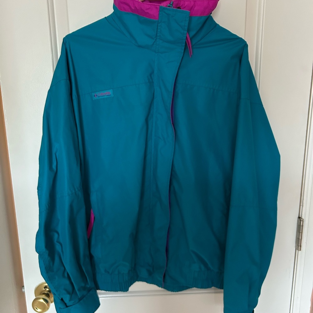 Vintage Columbia Turquoise Windbreaker Jacket with Pink Logo